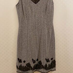 Kay Unger Herringbone Sleeveless Dress with Lace Detail, Short Fringe, Brown, 4